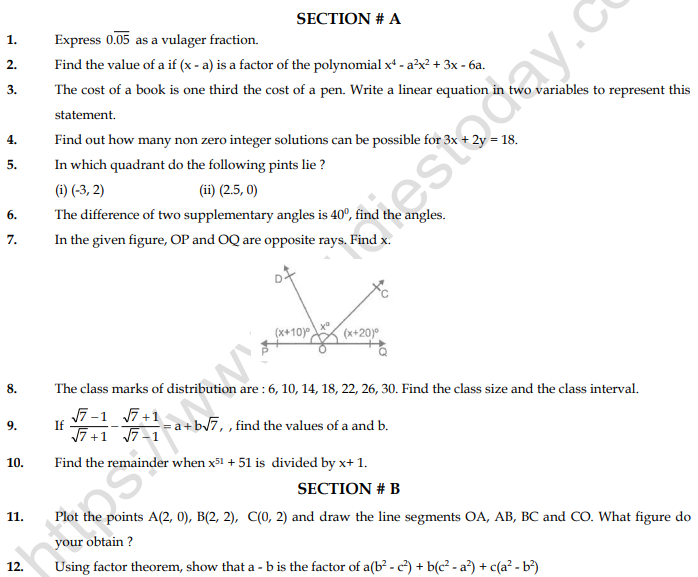 Class 9 Mathematics Sample Paper